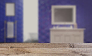 Bathroom interior bathtub. 3D rendering.. Background with empty wooden table. Flooring.