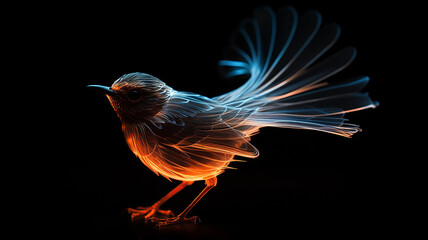 a small bird on a black background, glass transparent sculpture isolated on a black background, luminous luminescent colors