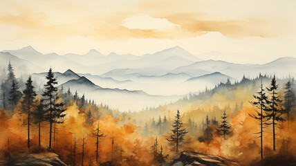 Obraz premium illustration autumn in the mountains blurred abstract watercolor background in white light and yellow, golden tones of Indian summer
