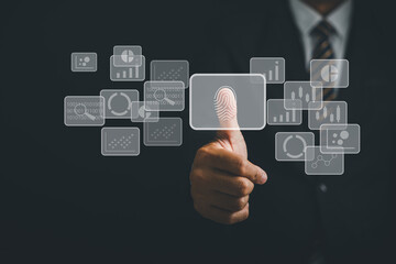 Enhance security with a thumbs up and virtual fingerprint scan. Biometric identity verification and access password for advanced technology security. Protect your personal information with confidence.