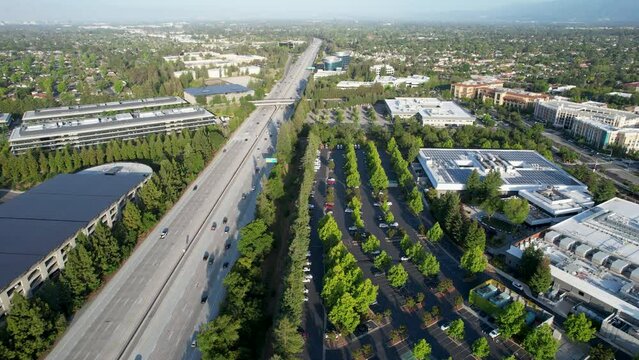 Cupertino Aerial View Of Junipero Serra Freeway Interstate 280 Near Apple Headquarters 'Spaceship' with Urban Business District in San Jose on a Beautiful Sunny Day from Above.