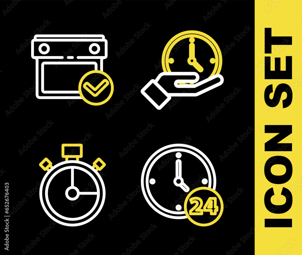 Poster set line clock, 24 hours, stopwatch and calendar with check mark icon. vector