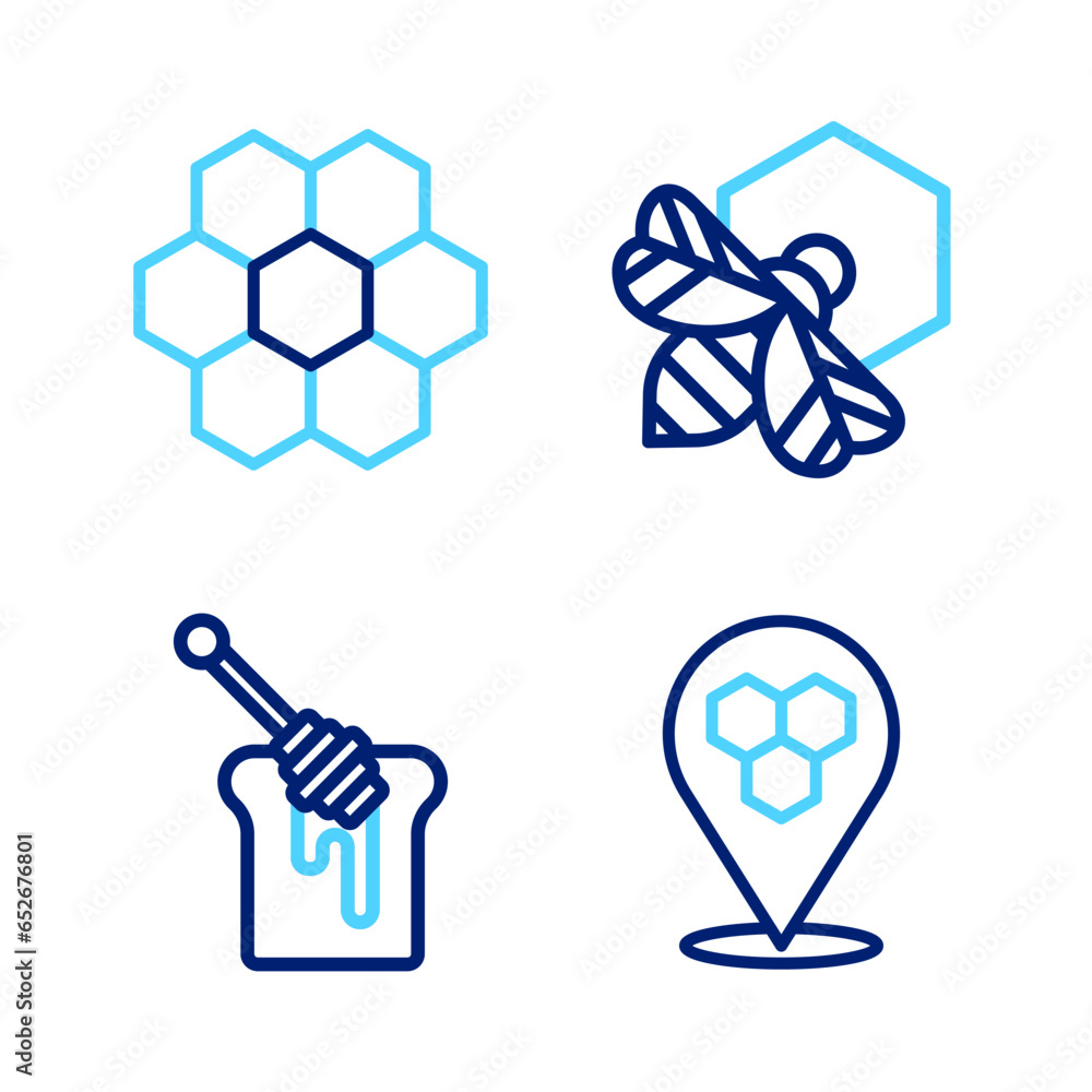 Poster set line honeycomb bee location, dipper stick with honey, bee and honeycomb and icon. vector