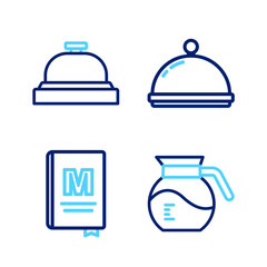 Set line Coffee pot, Restaurant cafe menu, Covered with tray and Hotel service bell icon. Vector