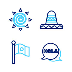 Set line Hola, Mexico flag, Mexican sombrero and Sun icon. Vector © vector_v