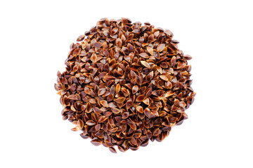 Heap of sorrel seeds isolated on white background, top view. Pile of sorrel seeds to create a seed packet in the background. Garden sorrel seeds, Rumex acetosa, isolated on white background, top view.