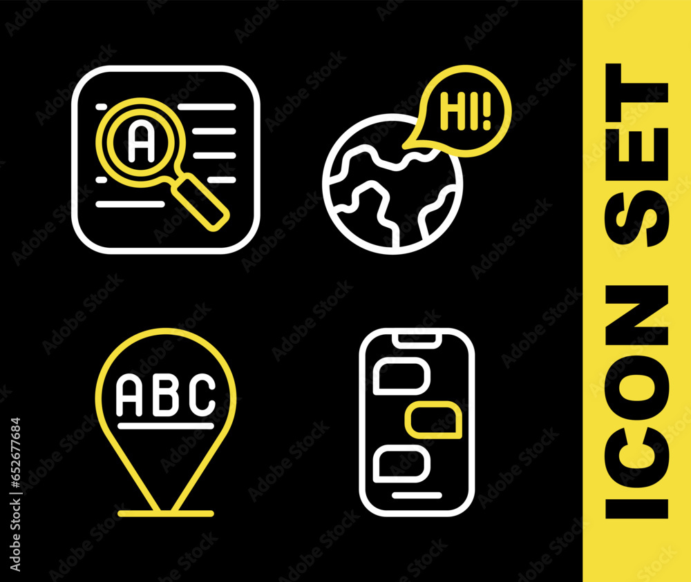 Poster set line learning foreign languages, new chat messages notification, alphabet and translator icon. v