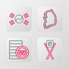 Set line Sushi with chopsticks, South Korean won coin, map and flag icon. Vector