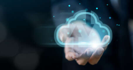 Human hand holding cloud technology transfer, Data storage, network, Internet, server services,...