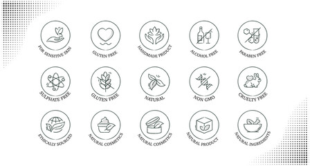Explore a set of icons representing ethical and natural products designed for sensitive skin. From gluten-free and alcohol-free to cruelty-free and handmade products.