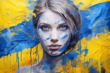 Ukrainian woman face illustration with watercolor ukrainian flag background