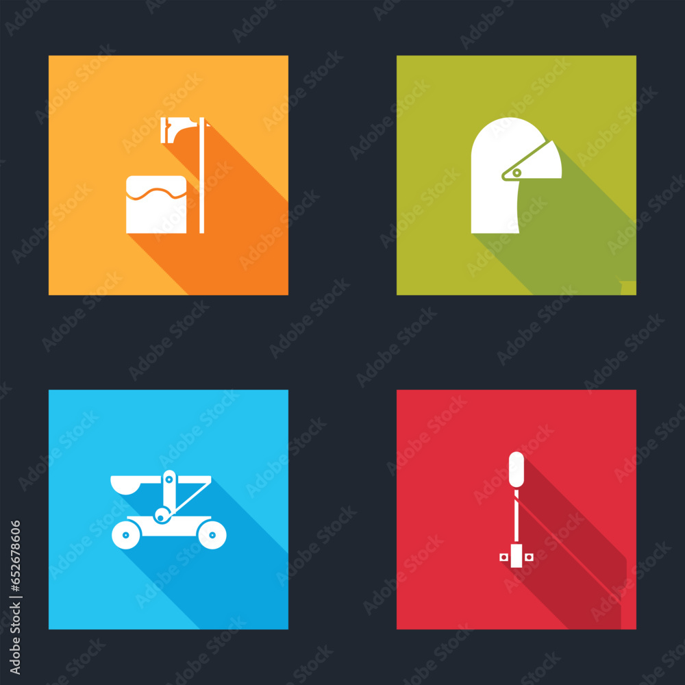 Aufkleber set executioner axe in tree block, medieval iron helmet, catapult shooting stones and torch flame ic