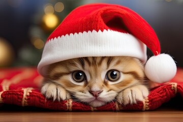Nahaufnahme, kleine Tabby Katze oder Kitten mit roter Weihnachtsmütze liegt auf roter Wolldecke auf einem Tisch und guckt in die Kamera