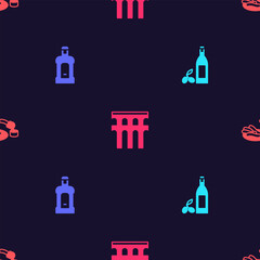 Set Bottle of olive oil, Orujo, Aqueduct Segovia and Churros and chocolate on seamless pattern. Vector