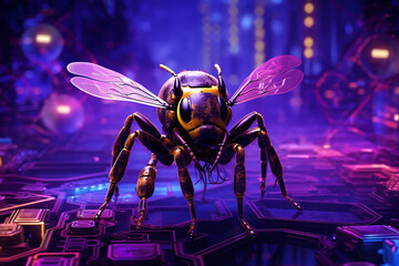 bee robot with future background - obrazy, fototapety, plakaty