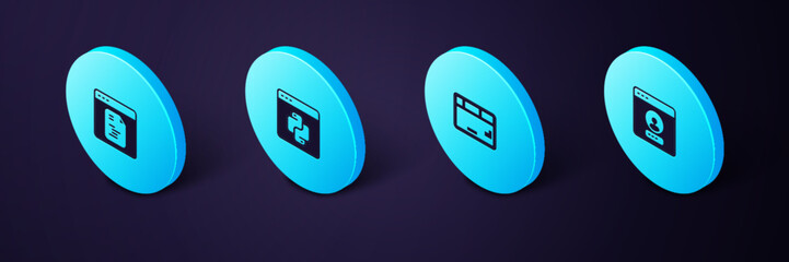 Set Isometric Create account screen, Keyboard, Python programming language and Software icon. Vector