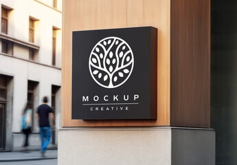 Shop Brand Sign Mockup On Wooden Wall. Generative Ai
