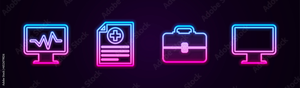 Poster set line monitor with cardiogram, clinical record, toolbox and computer monitor screen. glowing neon