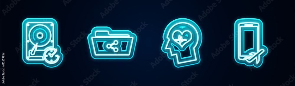 Poster set line hard disk drive with clockwise, share folder, head heartbeat and flight mode in the mobile.