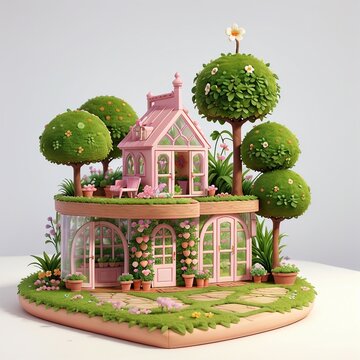 Miniature Floral Dollhouse in Botanical Conservatory, two-story