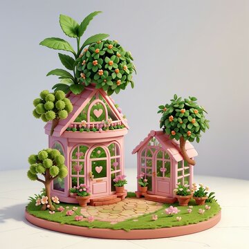 Miniature Floral Dollhouse in Botanical Conservatory, separate small and large house