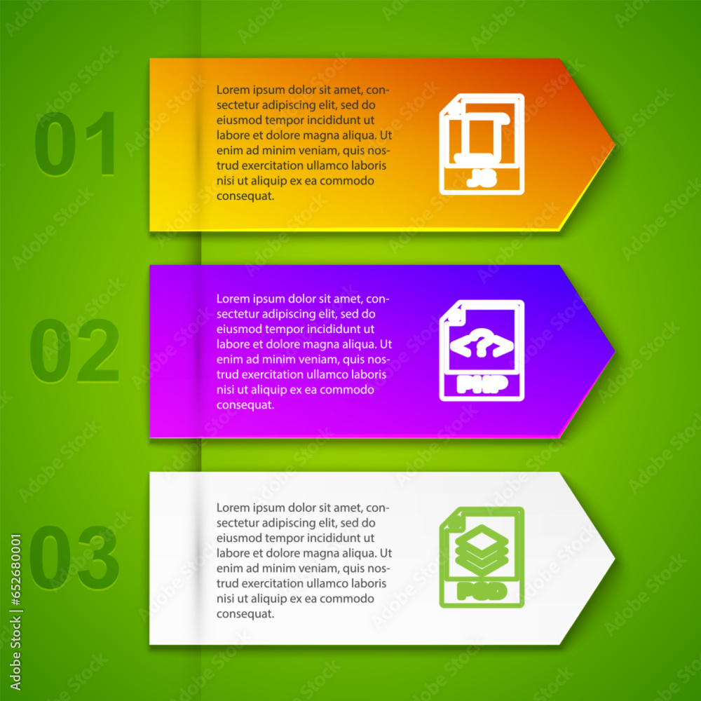 Poster set line js file document, php, psd and wma. business infographic template. vector