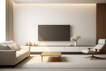 Obraz premium Minimal living room with white wall, armchair, and TV cabinet. Generative AI