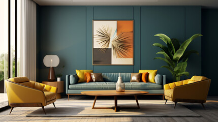 Mid century interior design for a modern living room featuring an elegant sofa, framed artwork, a table, and various accessories