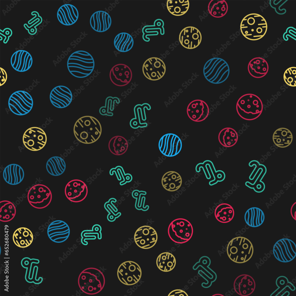 Poster set line planet jupiter, capricorn zodiac, mars and eclipse of the sun on seamless pattern. vector
