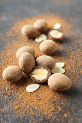 Tasty and sweet food - almonds in chocolate