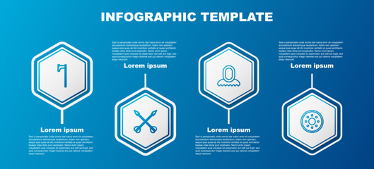Set line Medieval axe, crossed arrows, hood and Round wooden shield. Business infographic template. Vector