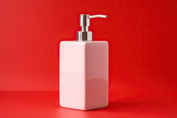 Soap dispenser on a red background. The concept of hygiene and care