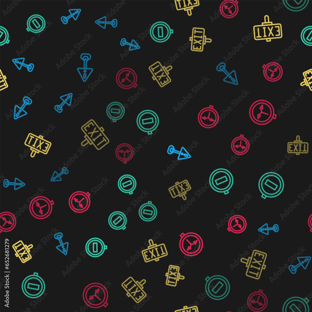 Poster set line exclamation mark in triangle, stop sign, fire exit and fork the road on seamless pattern. v