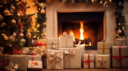 gifts next to the fireplace at home with Christmas decoration
