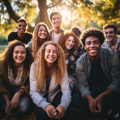 Photo of friendly students of different nationalities sitting together on the grass in the college building park. Youth and education - obrazy, fototapety, plakaty