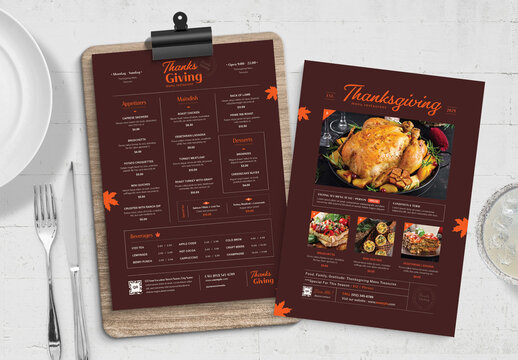 Thanksgiving Menu Layout for Autumn Fall Harvest Festival Event