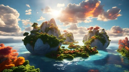 A breathtaking landscape of floating islands.Each one unique in shape and size. AI Generative - obrazy, fototapety, plakaty