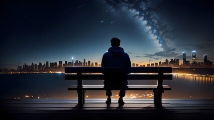 A man sitting on a wooden bench looks at the starry sky at night. with the city lights in the distance.AI Generative - obrazy, fototapety, plakaty
