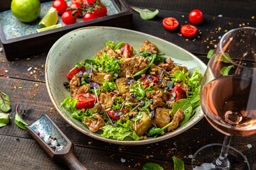 Warm eggplant salad with vegetables. Menu for a restaurant. Beautiful composition on wooden boards.