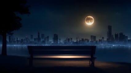 Empty wooden bench and starry sky at night with the city lights in the distance.AI Generative - obrazy, fototapety, plakaty