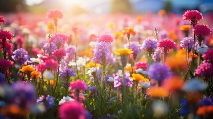 Blurry vibrant flower field with dreamy bokeh effect