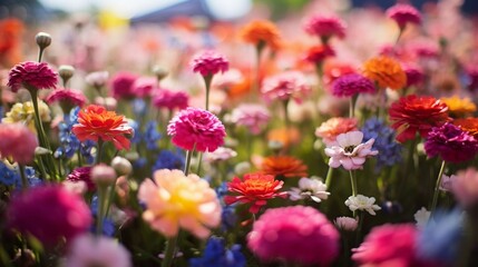 Blurry vibrant flower field with dreamy bokeh effect