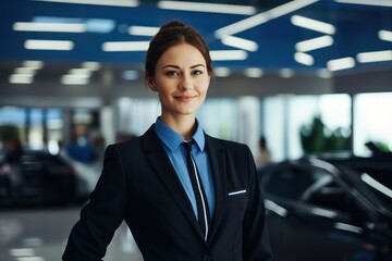 The beautiful female salesperson at a car showroom.