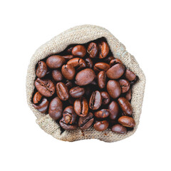 Coffee beans in burlap on a white and transparent background. PNG. View from above.