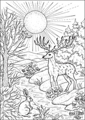 Christmas and New Year vector illustration with deer and rabbit in winter forest in sunny day. Greeting card background. Black and white line art for coloring page.