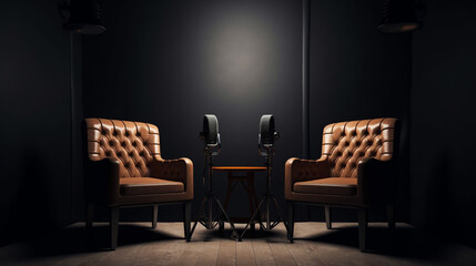 two chairs and microphones in podcast or interview room on dark background - obrazy, fototapety, plakaty