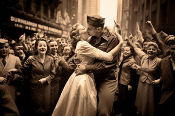 1945 World War II Victory Celebration: A Crowd's Joyful Moments Captured as a Soldier Embraces His Nurse Girlfriend in Sepia

