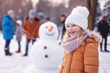 Blonde girl building snowman at the crowded park in winter