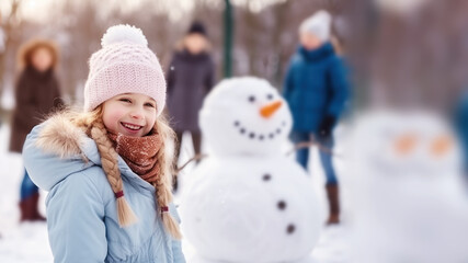 Blonde girl building snowman at the crowded park in winter