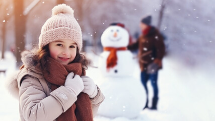 Brunette girl building snowman at the crowded park in winter
